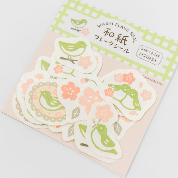 Furukawashiko Flake Stickers - Cherry Blossoms and Japanese Warbler