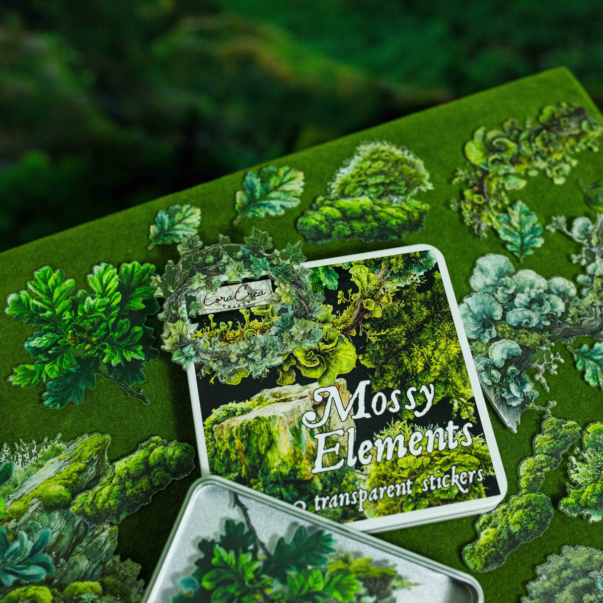 CoraCreaCrafts Mossy Elements Sticker Tin Box