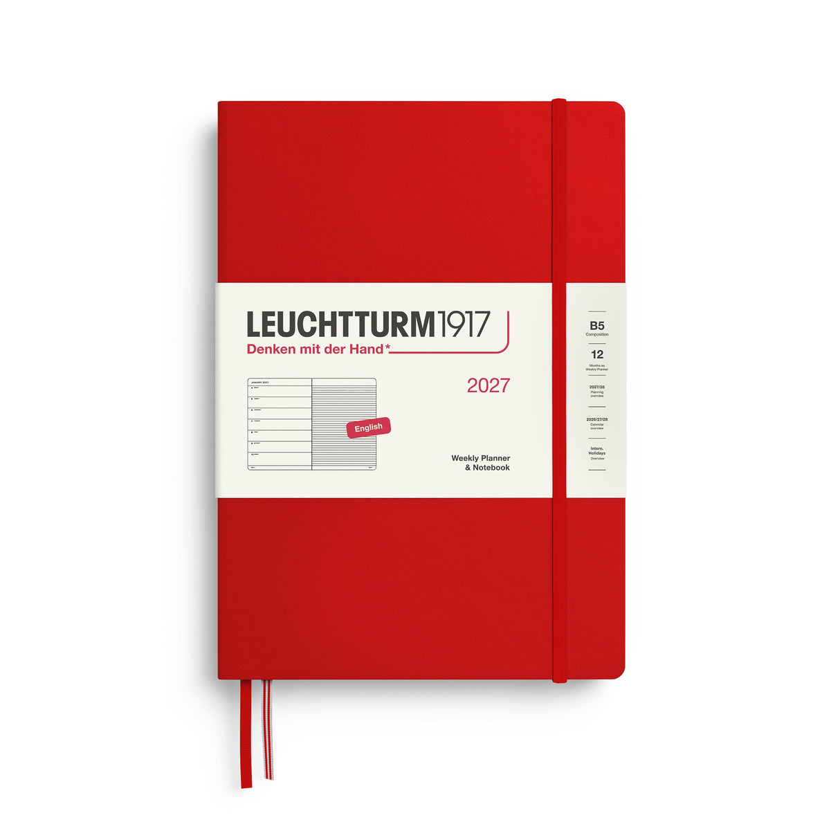 Weekly Planner & Notebook 2027, 12 Months, Ruled, English – Composition (B5) Hardcover Cherry