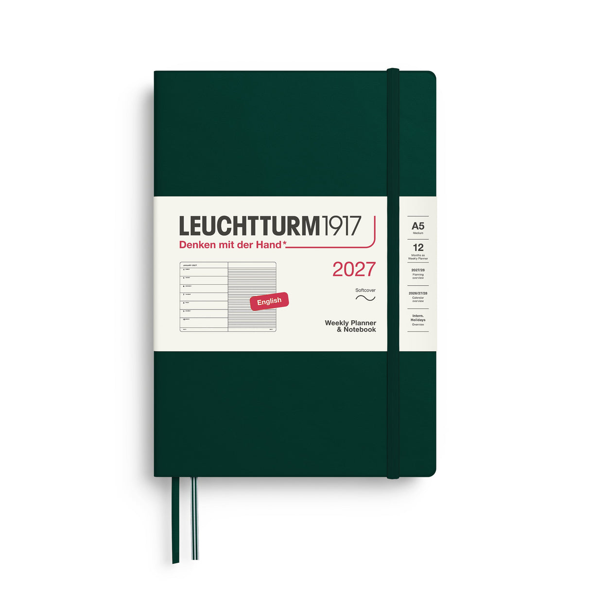 Weekly Planner & Notebook 2027, 12 Months, Ruled, English – Medium (A5) Softcover Forest Green