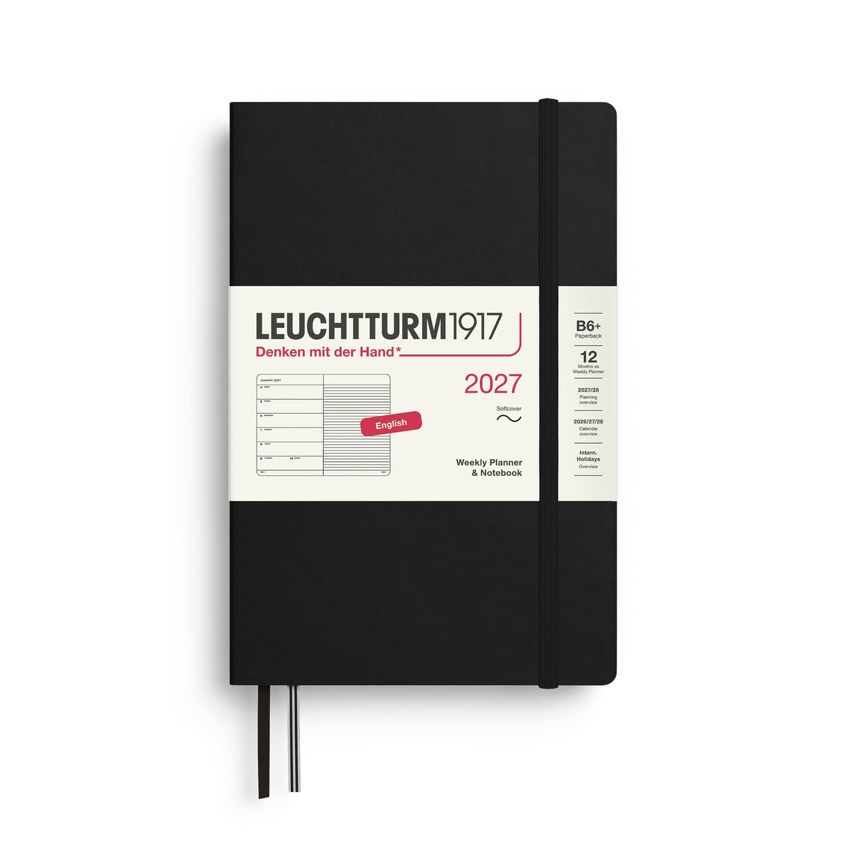 Weekly Planner & Notebook 2027, 12 Months, Ruled, English – Paperback (B6+) Softcover Black
