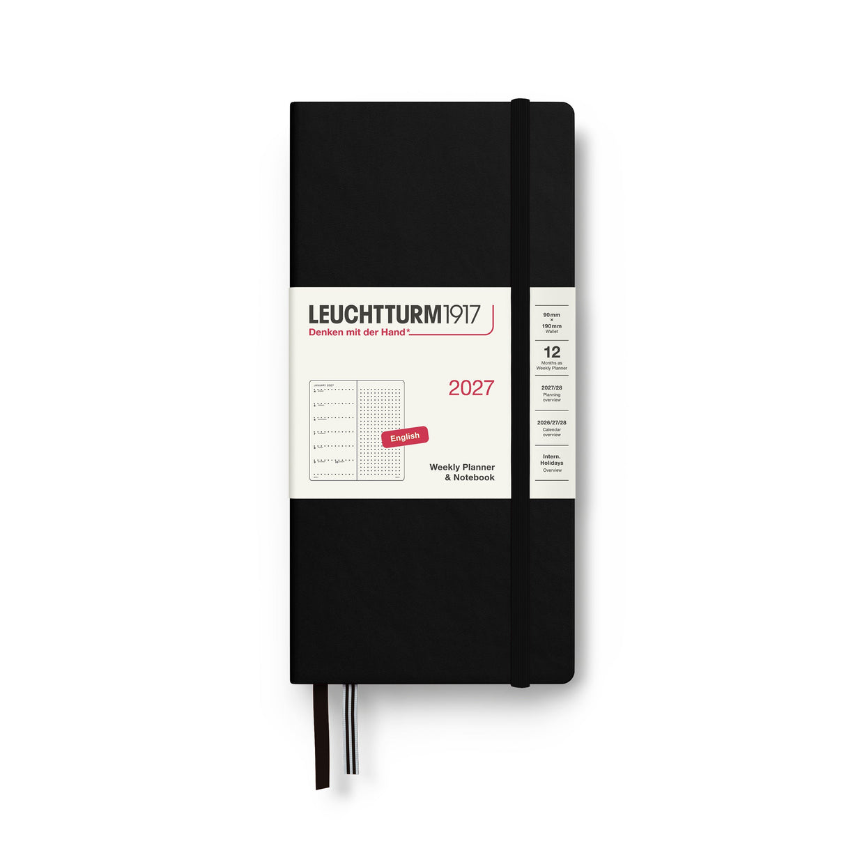 Weekly Planner & Notebook 2027, 12 Months, Dotted, English – Wallet (B6+ x A6) Hardcover Black