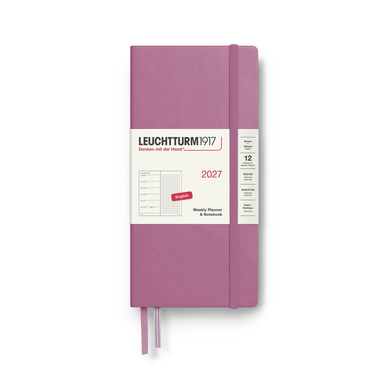 Weekly Planner & Notebook 2027, 12 Months, Dotted, English – Wallet (B6+ x A6) Hardcover Dusty Rose