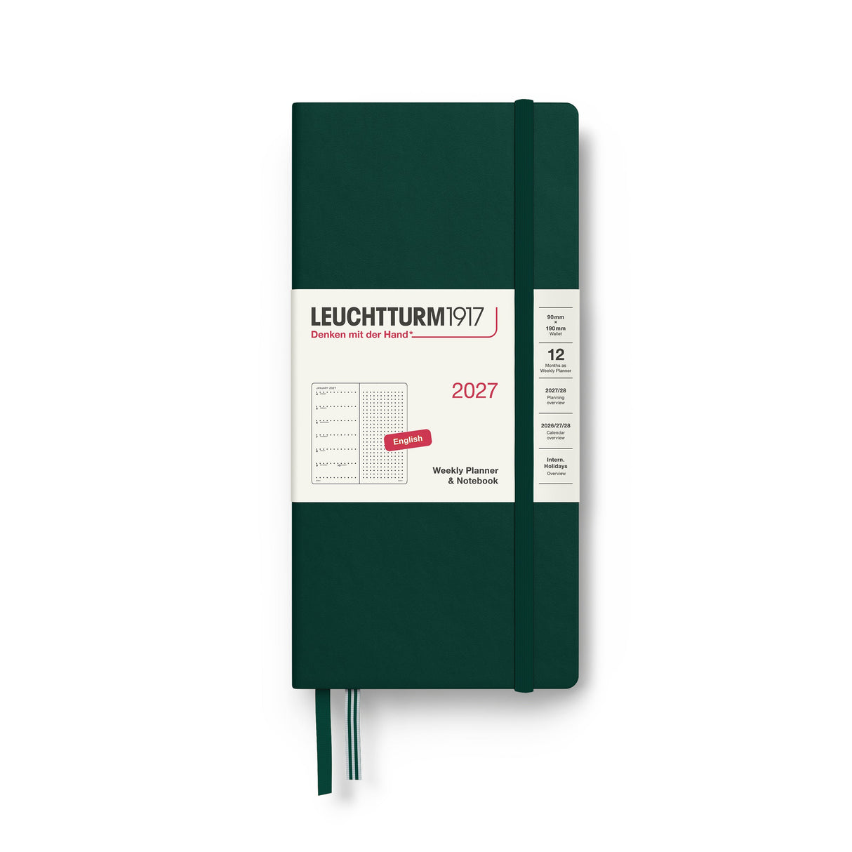 Weekly Planner & Notebook 2027, 12 Months, Dotted, English – Wallet (B6+ x A6) Hardcover Forest Green