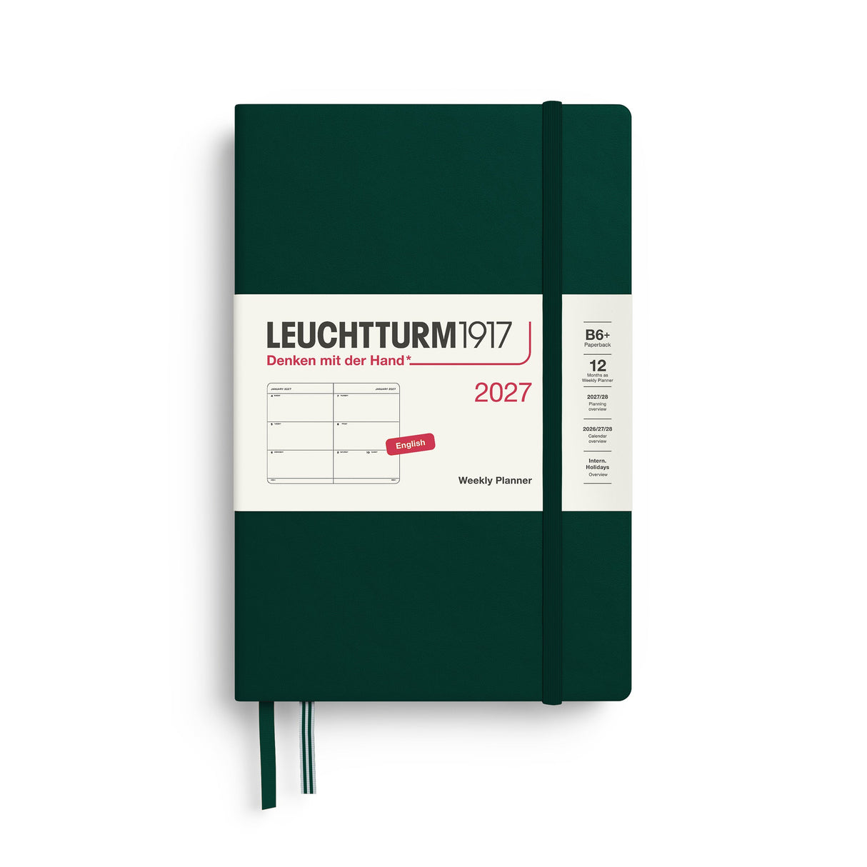 Weekly Planner 2027, 12 Months, English – Paperback (B6+) Hardcover Forest Green