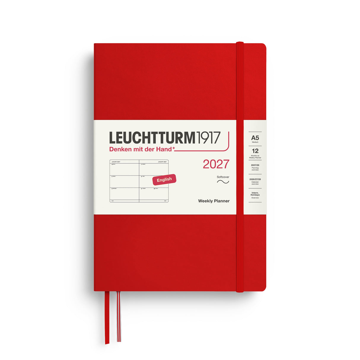 Weekly Planner 2027, 12 Months, English – Medium (A5) Softcover Cherry