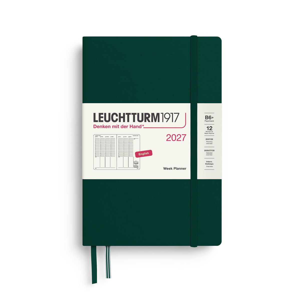 Week Planner 2027, 12 Months, English – Paperback (B6+) Hardcover Forest Green