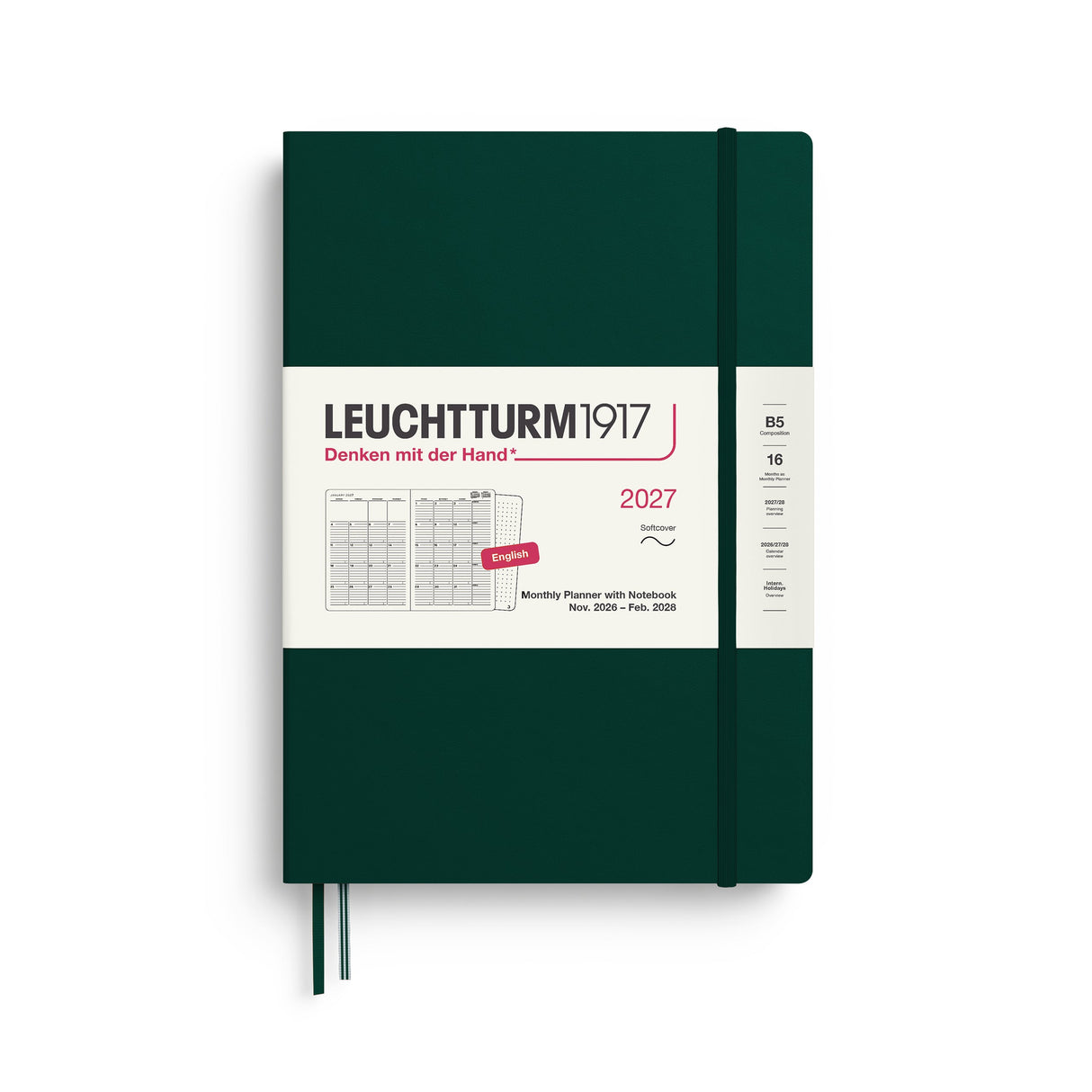 Monthly Planner with Notebook 2027, 16 Months, English – Composition (B5) Softcover Forest Green