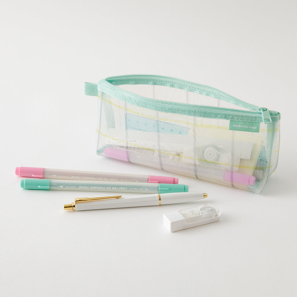 Midori Mesh Pen Case with Gusset - Check Green