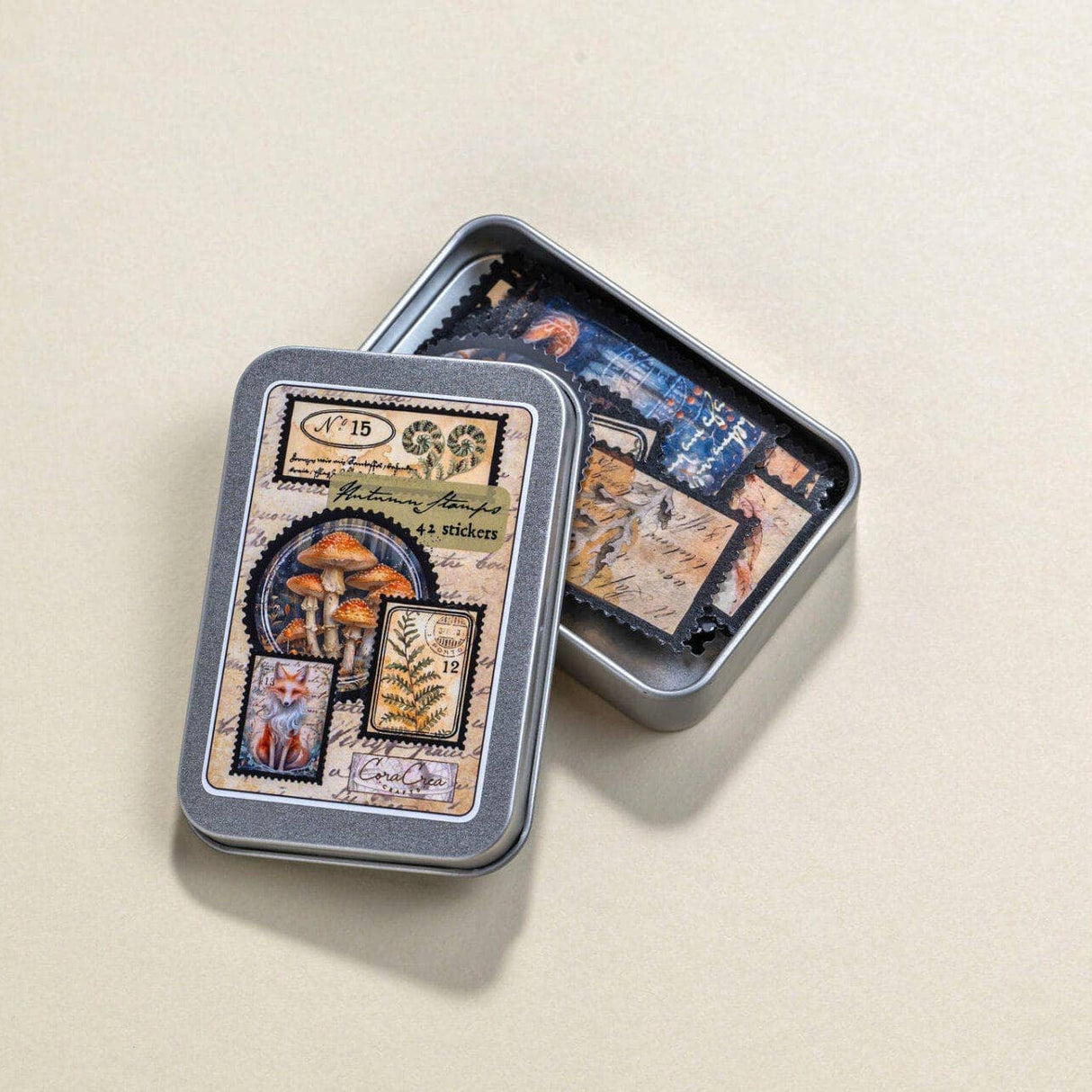 CoraCreaCrafts Autumn Stamps Sticker Tin Box