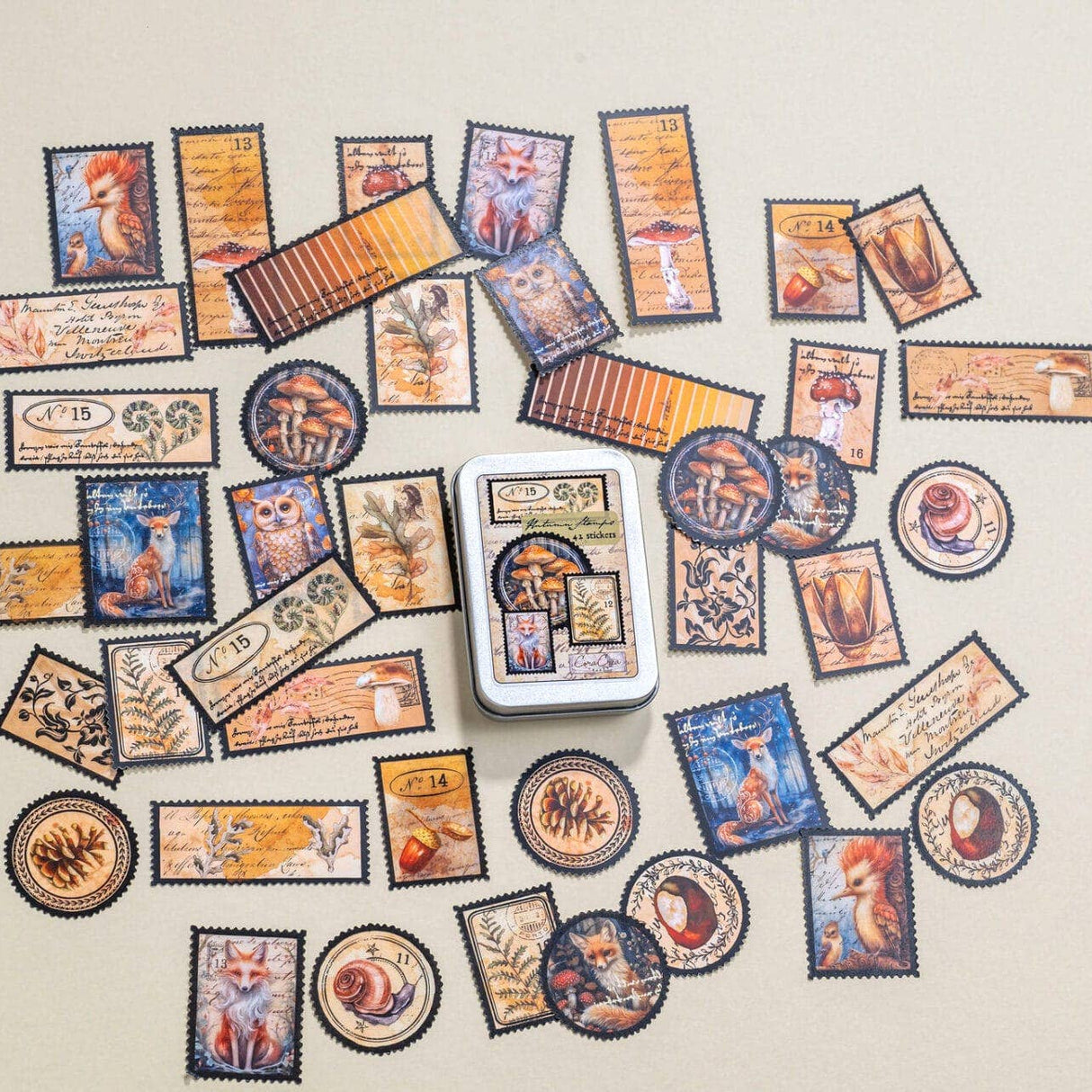 CoraCreaCrafts Autumn Stamps Sticker Tin Box