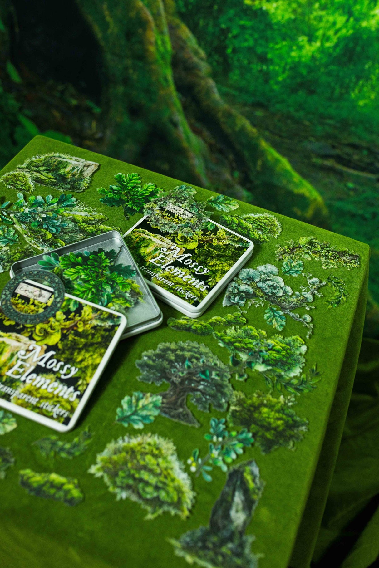 CoraCreaCrafts Mossy Elements Sticker Tin Box