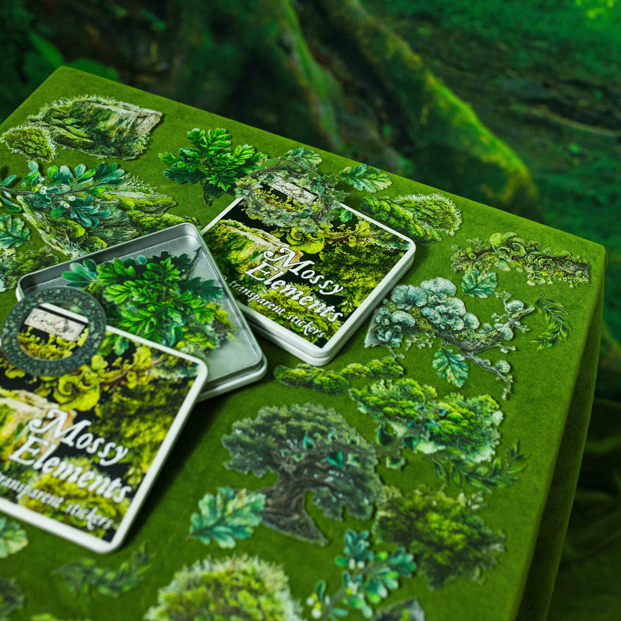 CoraCreaCrafts Mossy Elements Sticker Tin Box