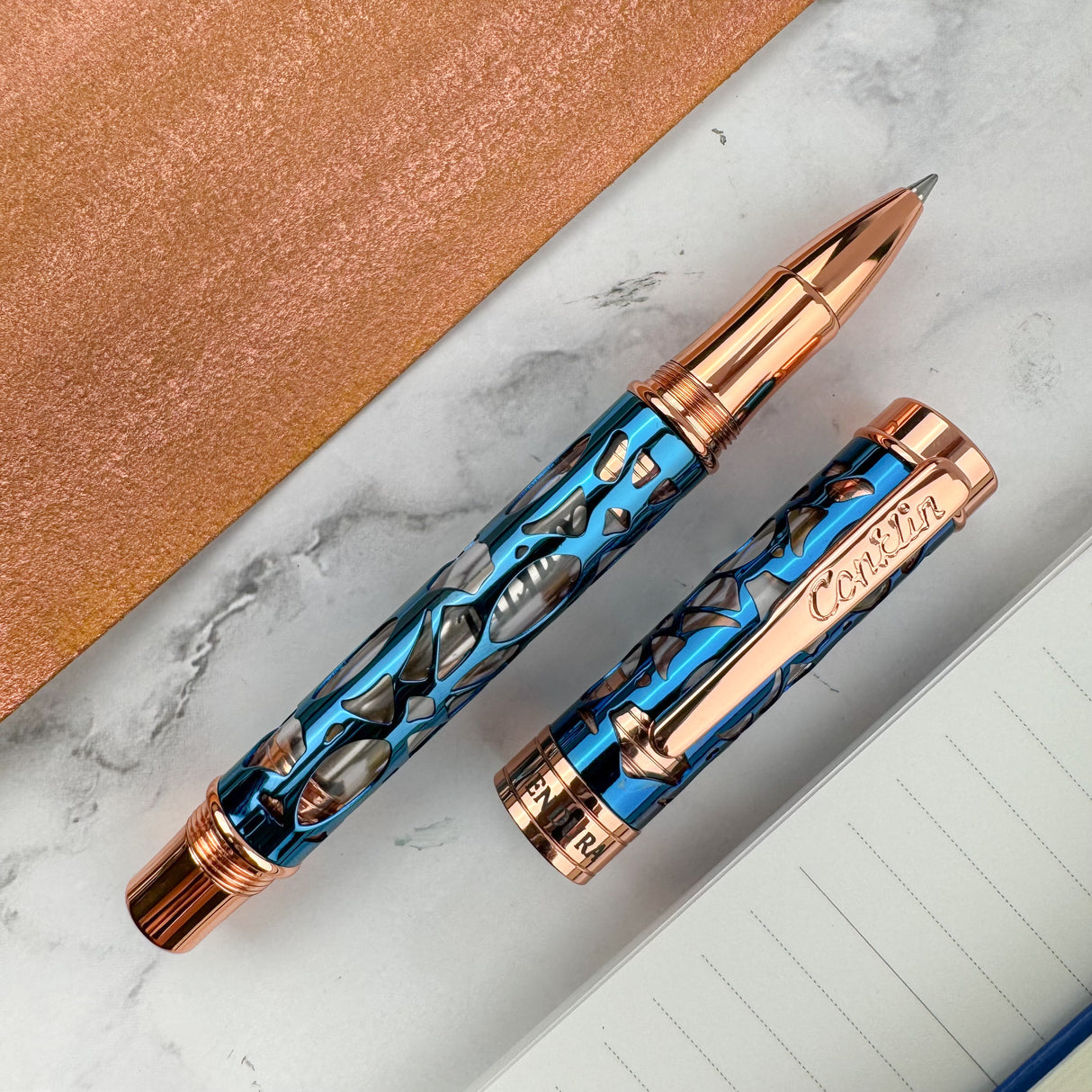 Conklin Endura Deco Crest Rollerball Pen - Demo Blue w/ Rose Gold