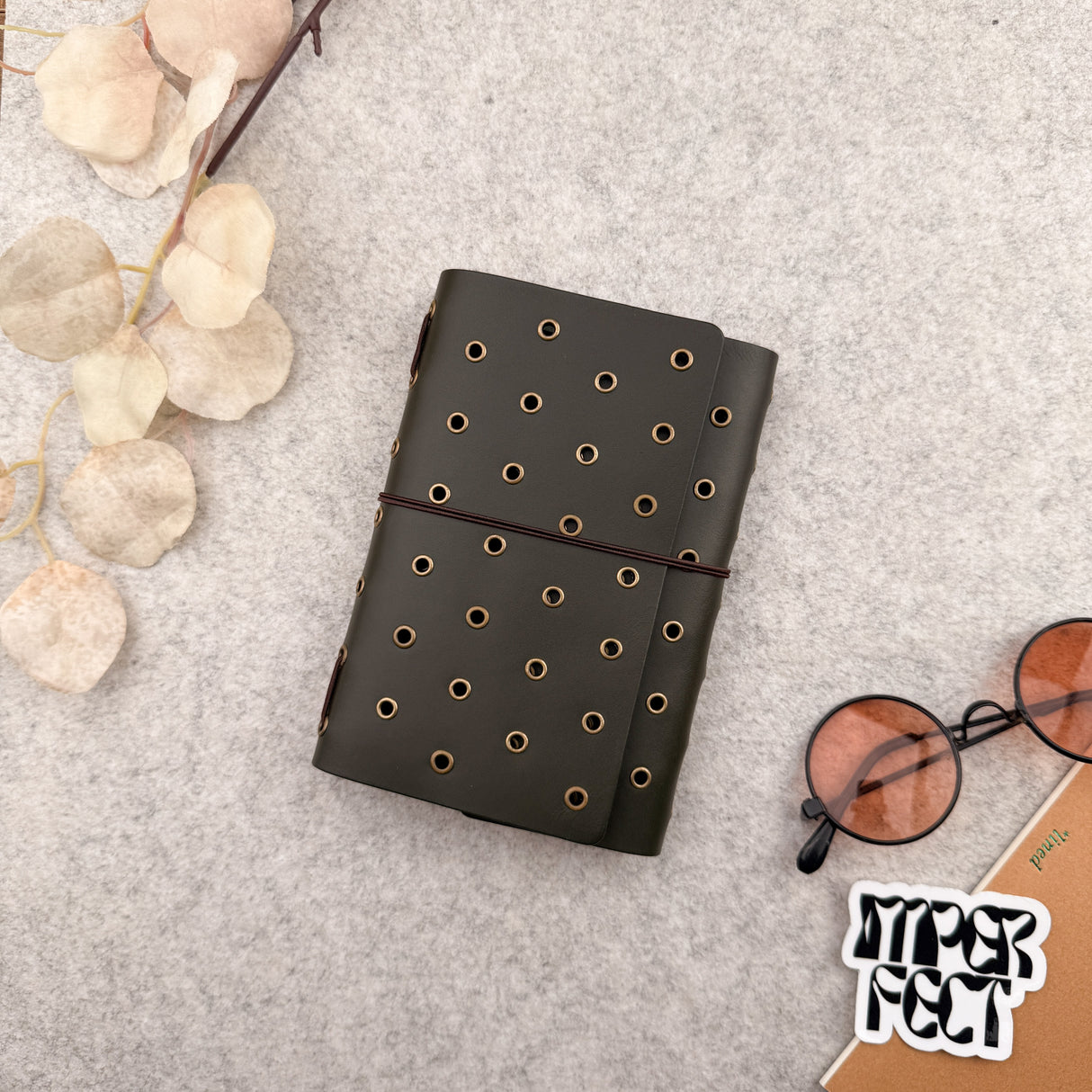 Imperfect Concepts Juniper Leather Notebook - A6 Trifold -Olive w/ Gold & Brass Grommets
