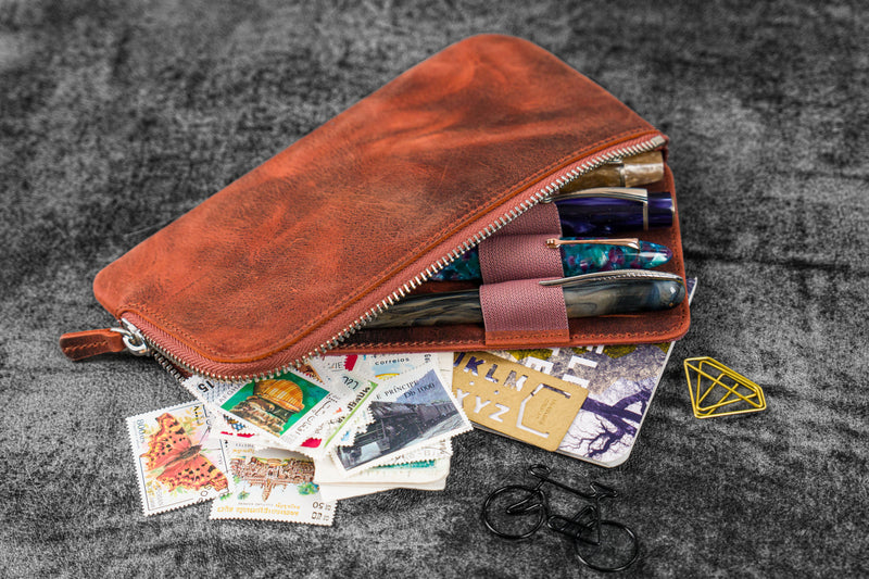 Galen Leather Slip-N-Zip 4 Slots Zippered Pen Pouch