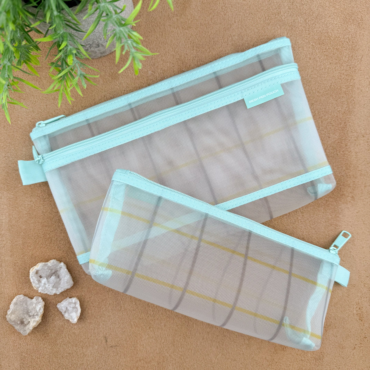 Midori Mesh Pen Case with Gusset - Check Green