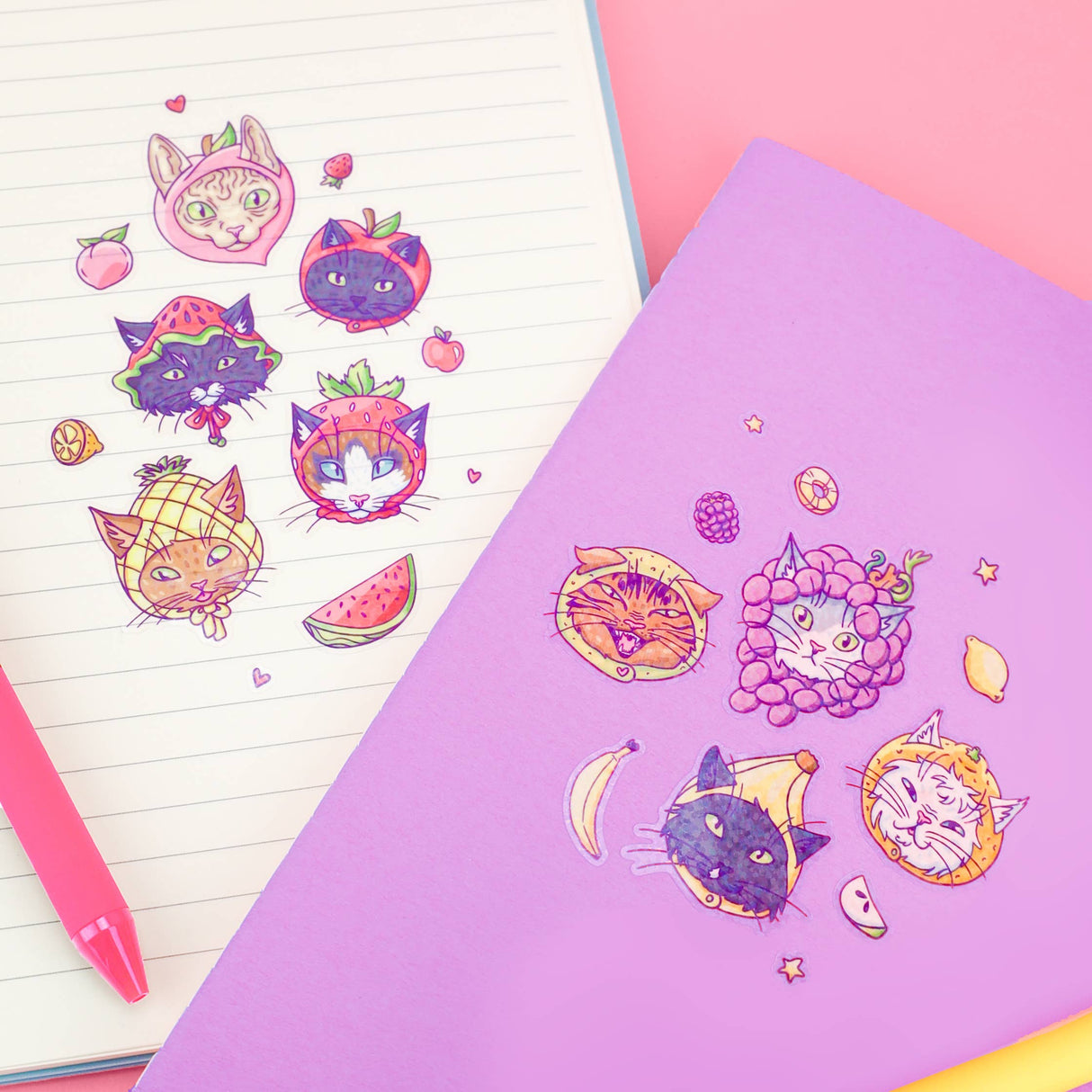 Fruit Hat Cats Cute Kitty Art Stationery Vinyl Sticker Sheet