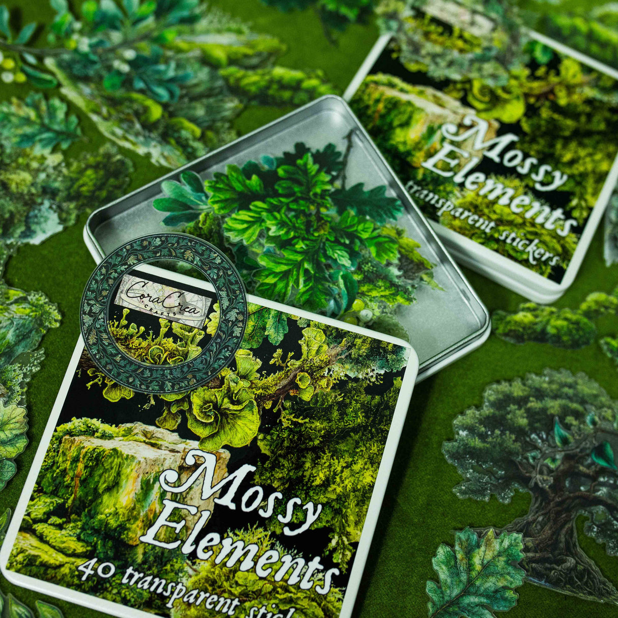 CoraCreaCrafts Mossy Elements Sticker Tin Box