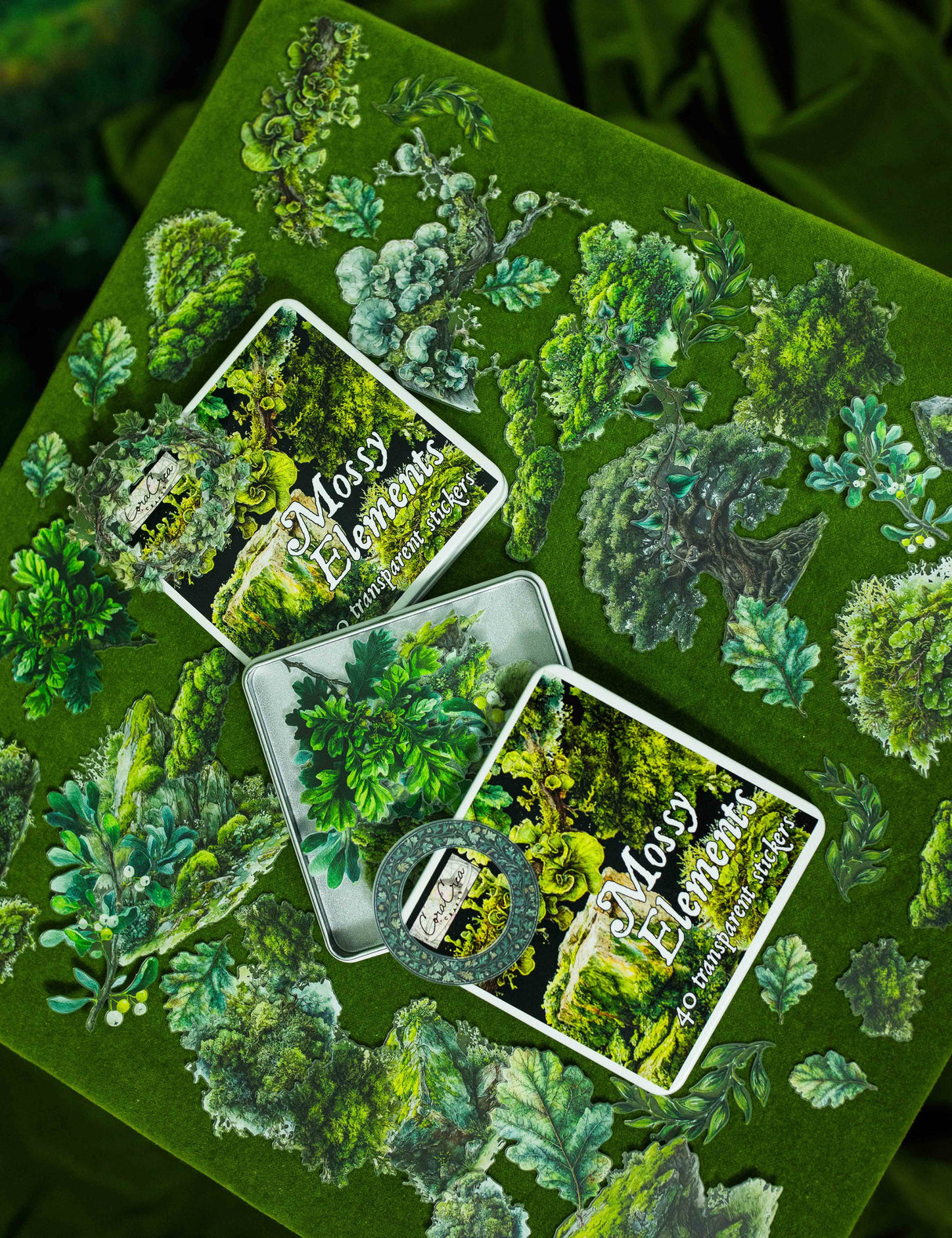 CoraCreaCrafts Mossy Elements Sticker Tin Box