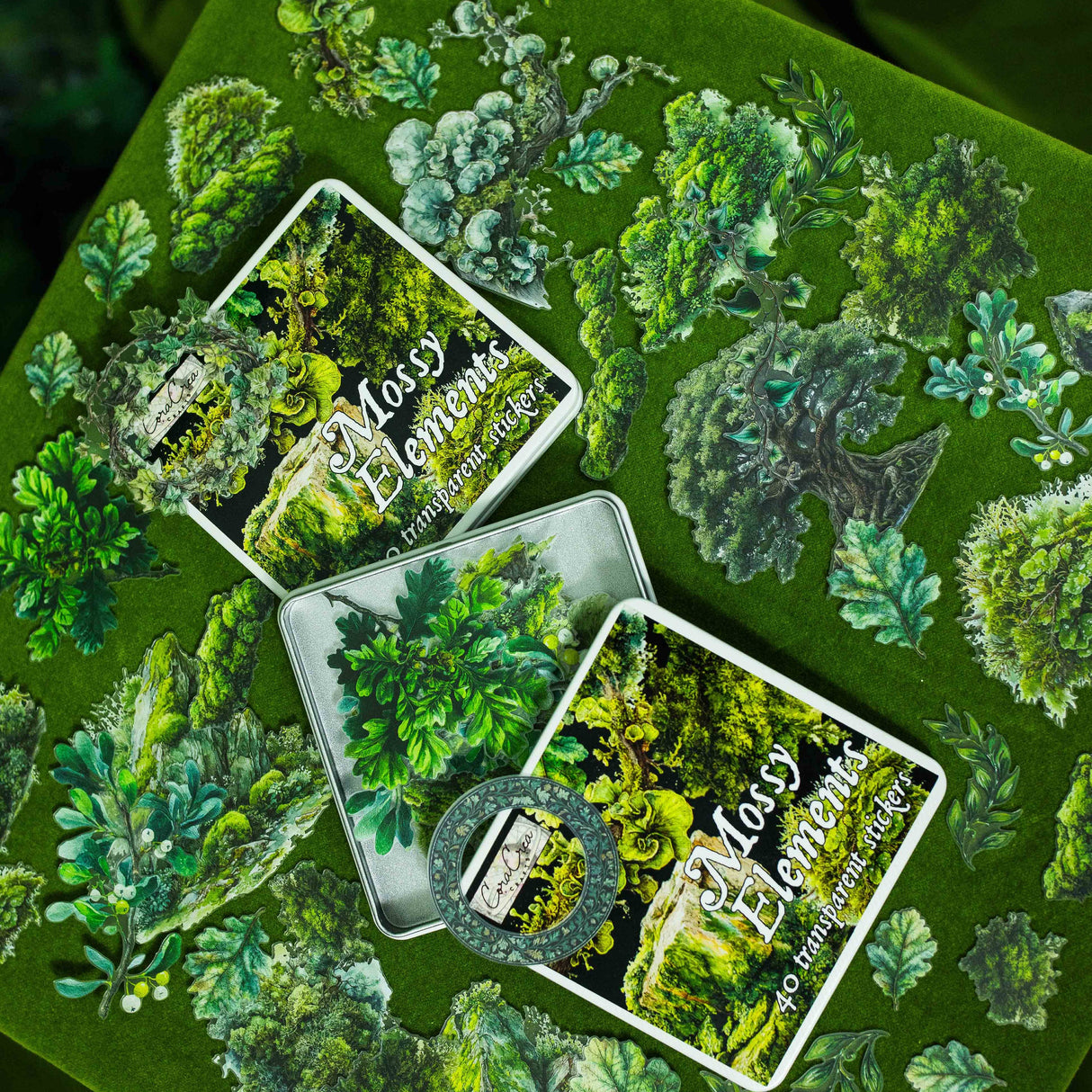 CoraCreaCrafts Mossy Elements Sticker Tin Box