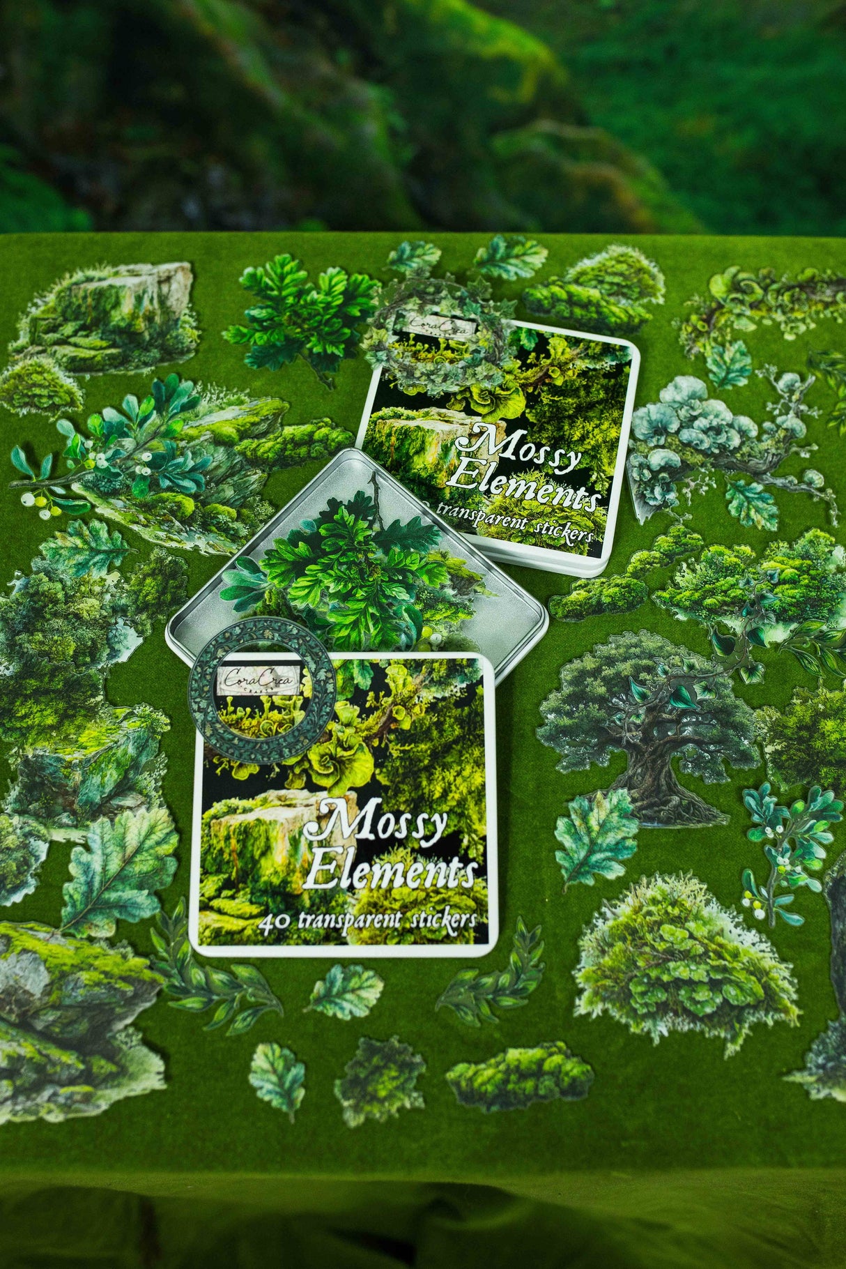 CoraCreaCrafts Mossy Elements Sticker Tin Box