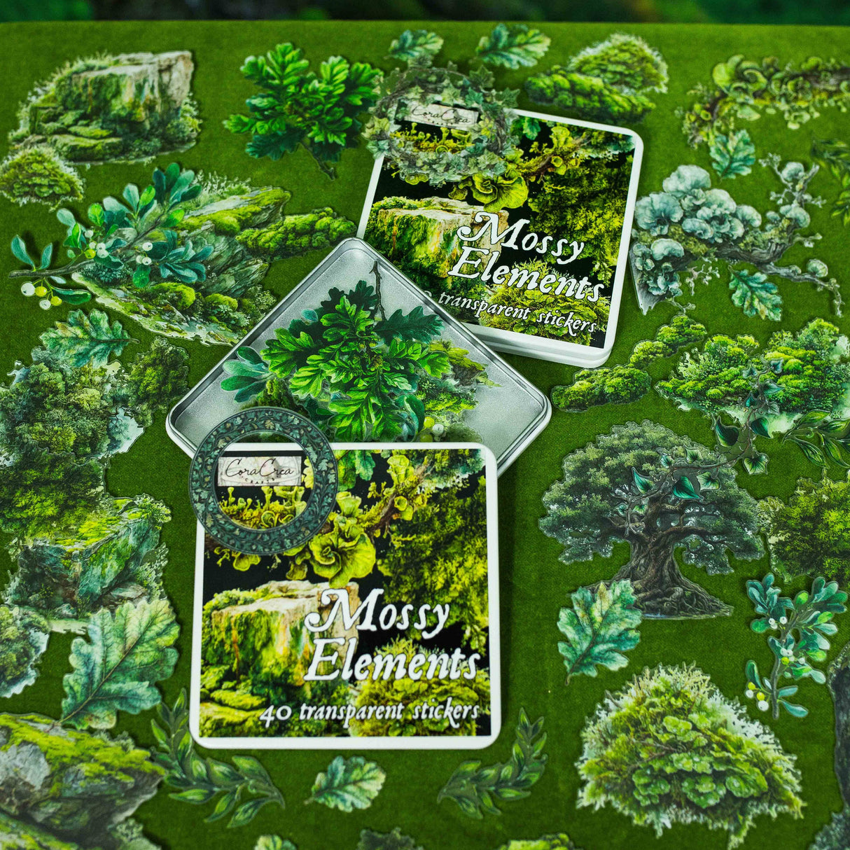 CoraCreaCrafts Mossy Elements Sticker Tin Box