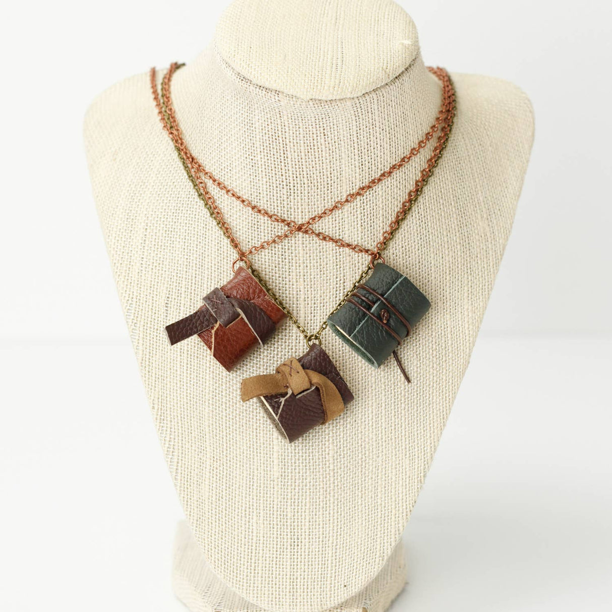 Mini Leather Journal Necklace: Copper / Bright White