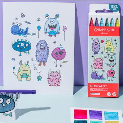 Caran D'Ache Fibralo 6-Piece Pen Set - Kawaii Collection - Funny Monsters