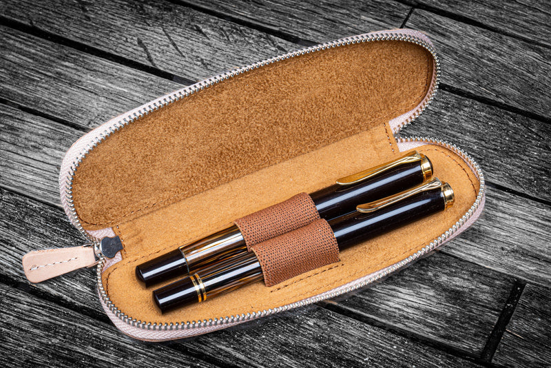 Leather pen case with flap closure over for 2 pens