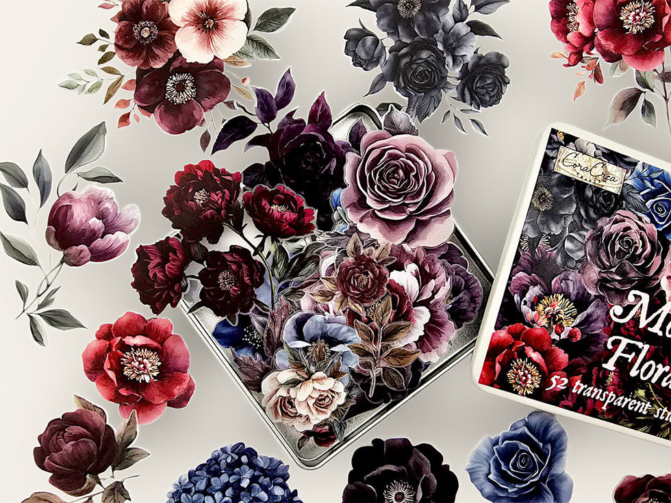 CoraCreaCrafts Moody Flowers Sticker Tin Box
