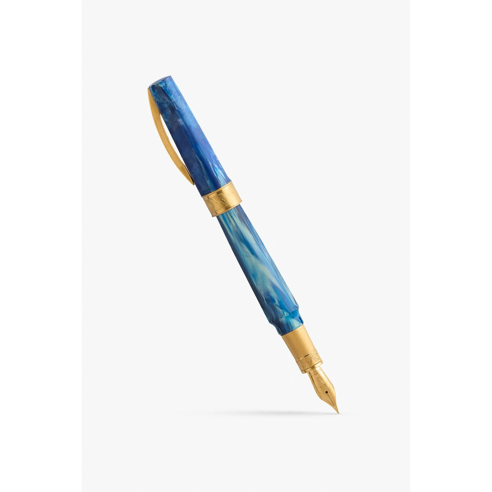 Visconti Mirage Mythos Odysseus fountain pen, capped, showing the blue and turquoise swirl acrylic body with gold-tone trim