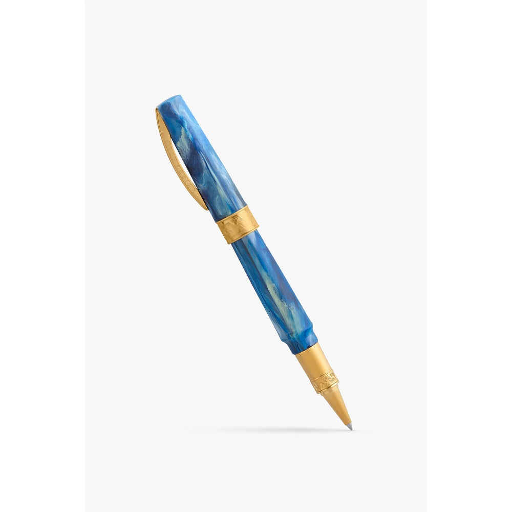 Visconti Mirage Mythos Odysseus rollerball pen, showing the blue and turquoise swirl acrylic body with gold-tone trim and rollerball tip