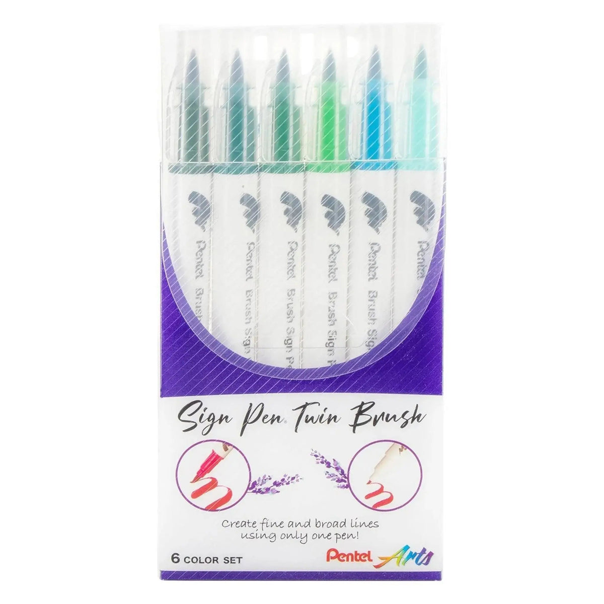 Pentel Arts Sign Pen Twin Brush Set - 6 Pack - Green Hues