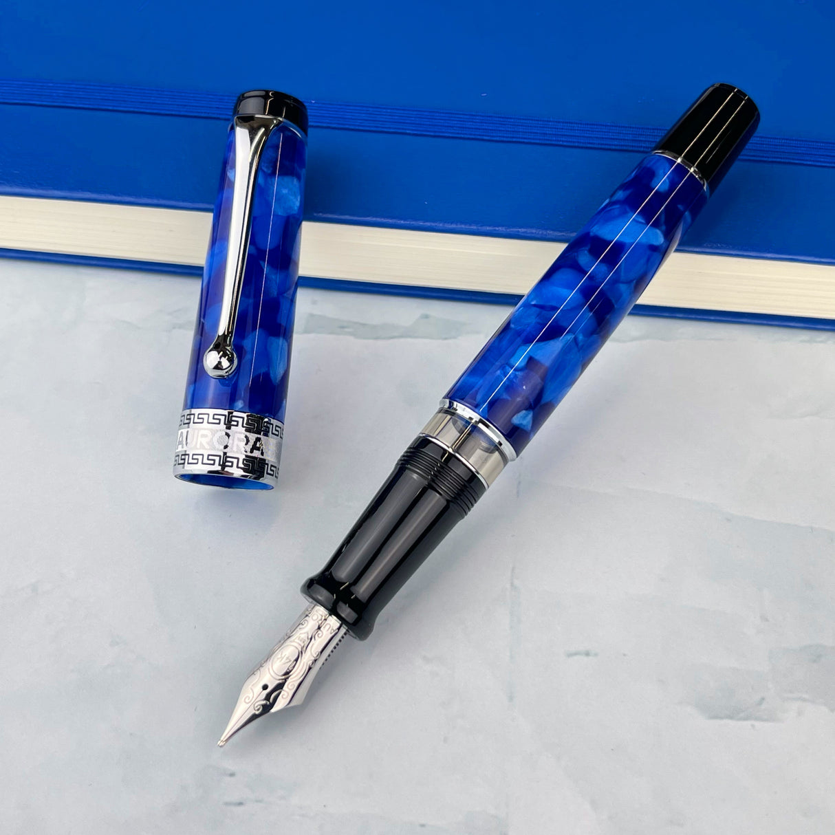 Aurora Optima Auroloide Fountain Pen - Blue with Chrome Trim (Doorbuster)