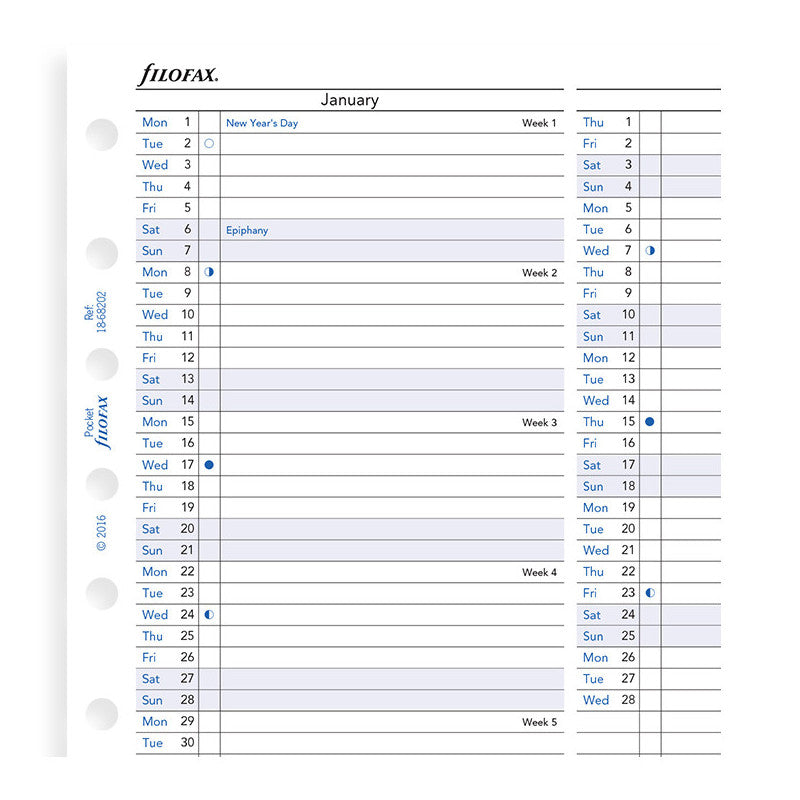 Recharge organiseur planning annuel vertical Filofax Pocket