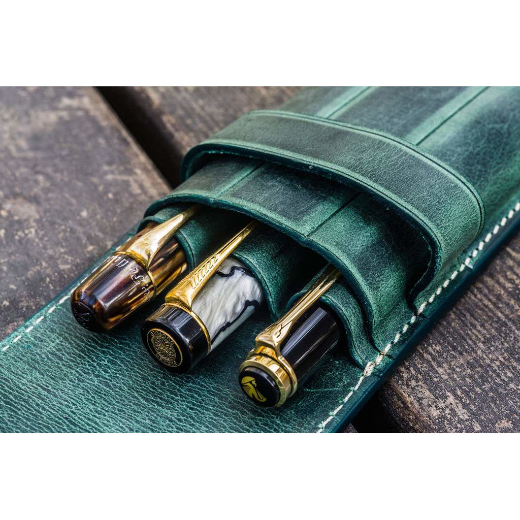 Galen Leather 3 Pen Flap Case - Forest Green | Atlas Stationers.