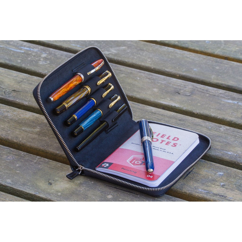 Galen Leather 5 Pen Zipper Case - Black | Atlas Stationers.