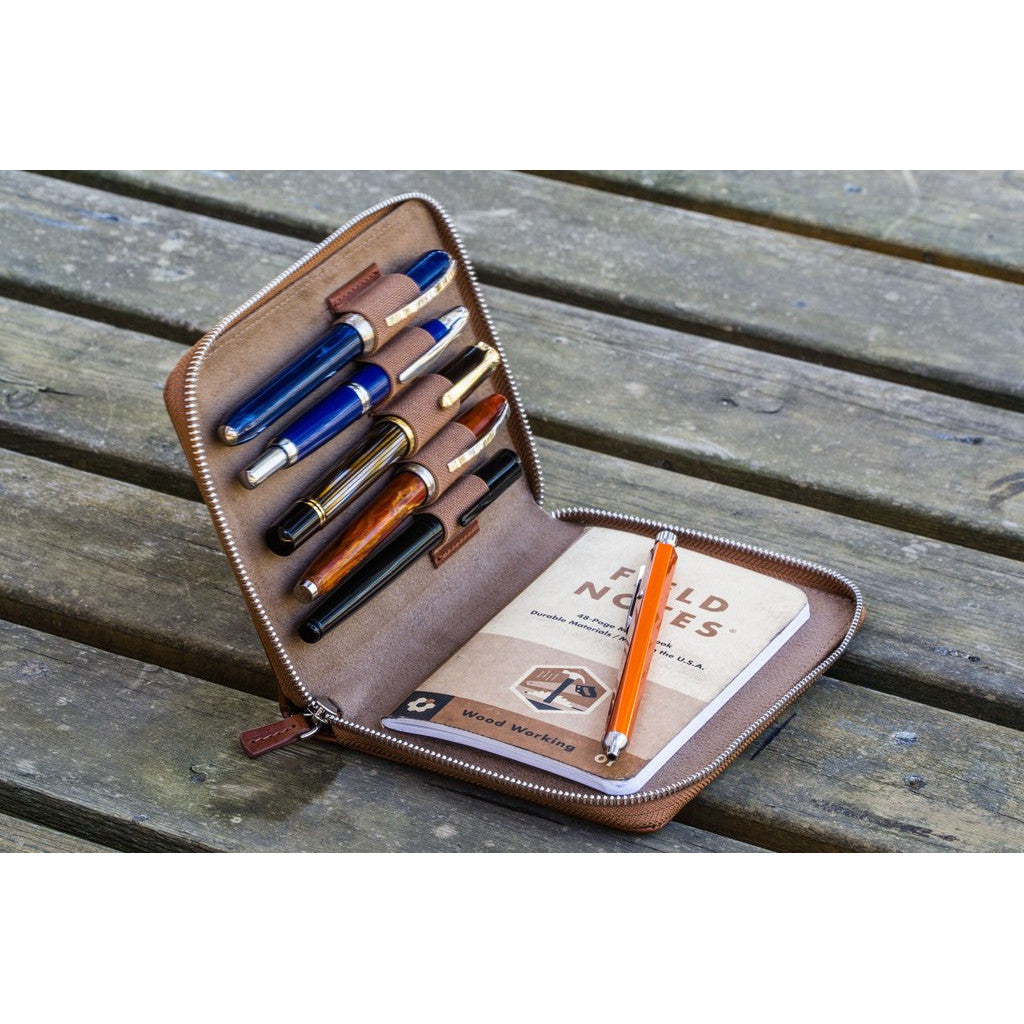Galen Leather 5 Pen Zipper Case - Chocolate Brown | Atlas Stationers.