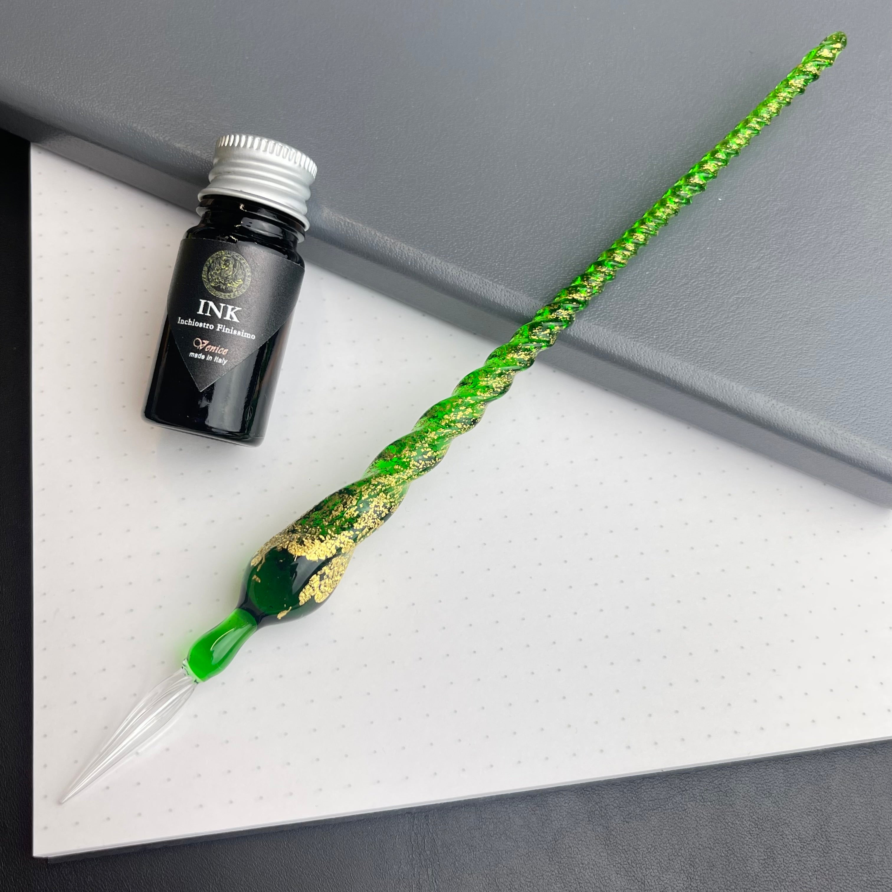 Murano Glass Dip Pen with Gold Leaf - Green