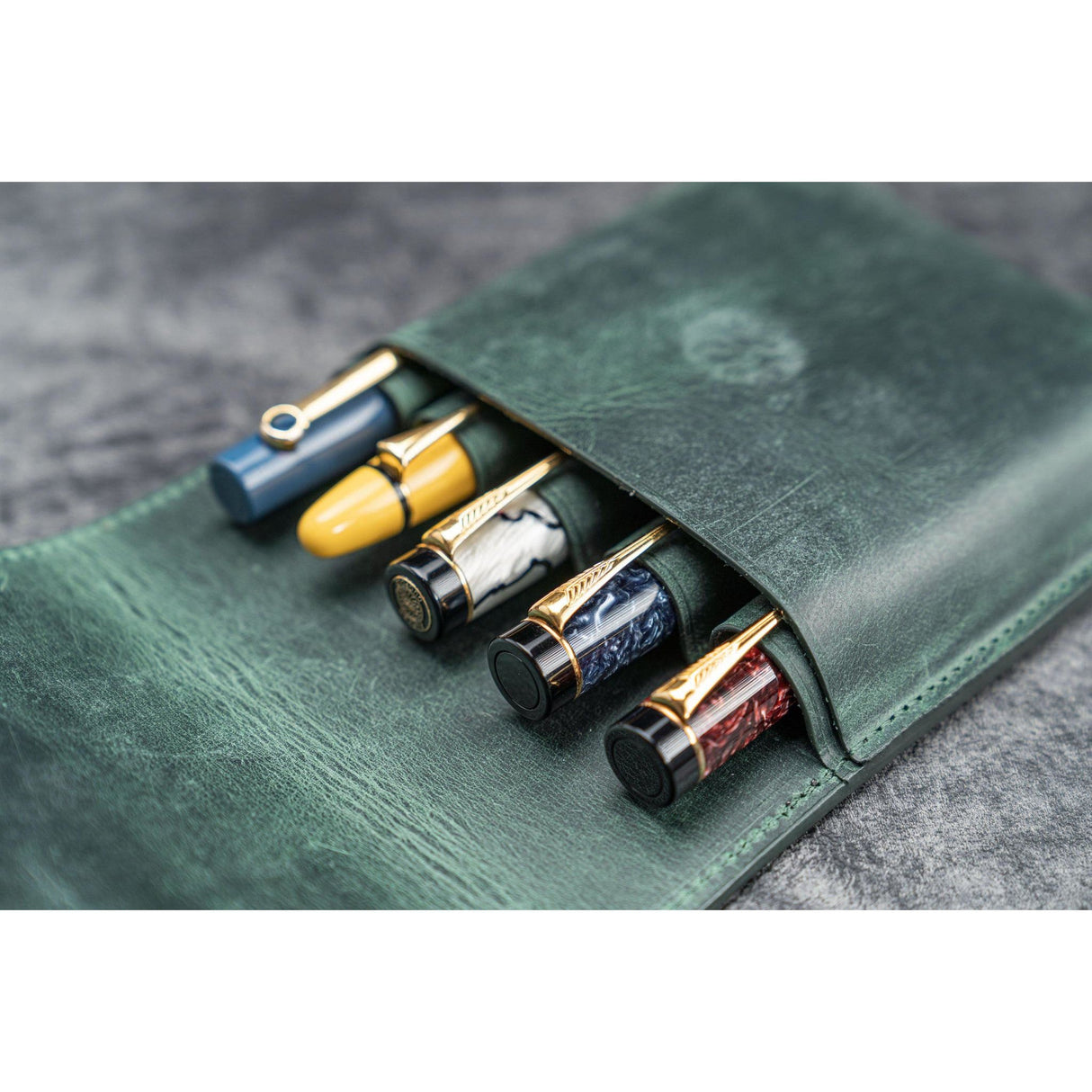 Galen Leather 5 Pen Flap Case - Crazy Horse Forest Green | Atlas Stationers.