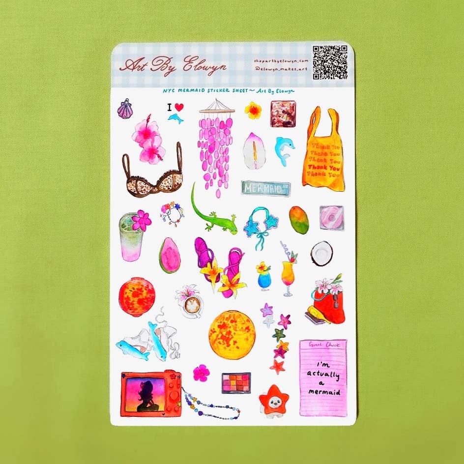 Art By Elowyn NYC Mermaid Sticker Sheet - 5" x 7" Sticker Sheet