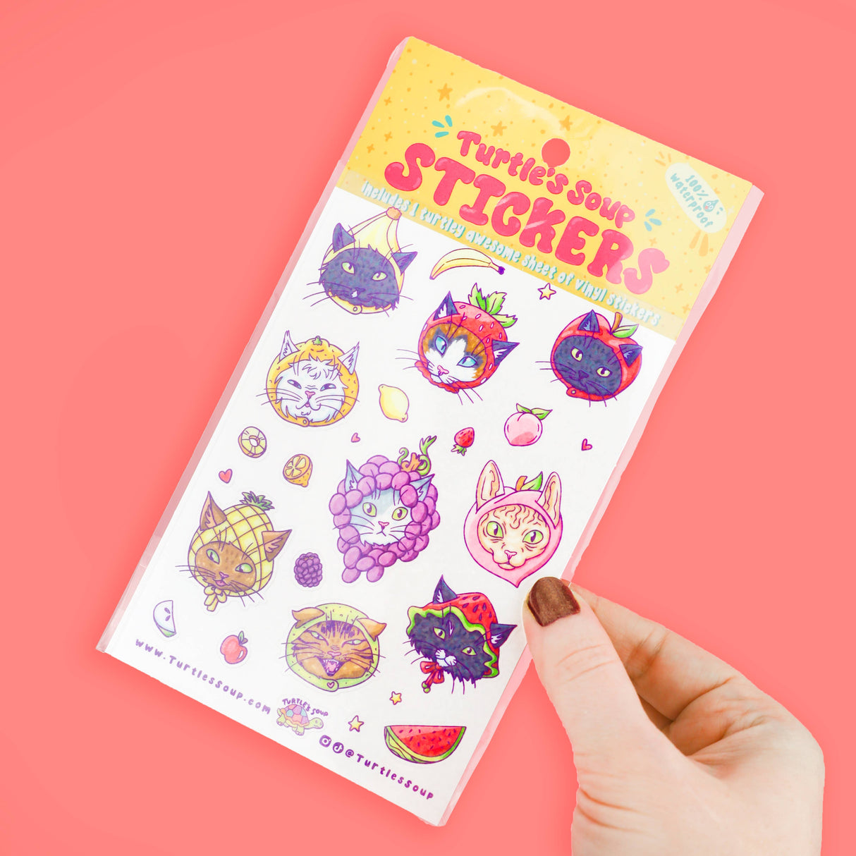 Fruit Hat Cats Cute Kitty Art Stationery Vinyl Sticker Sheet