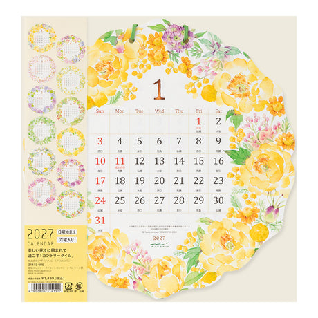 Midori Round Wall Calendar - Country Time Wreath