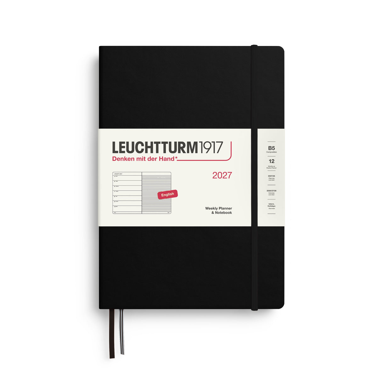 Weekly Planner & Notebook 2027, 12 Months, Ruled, English – Composition (B5) Hardcover Black