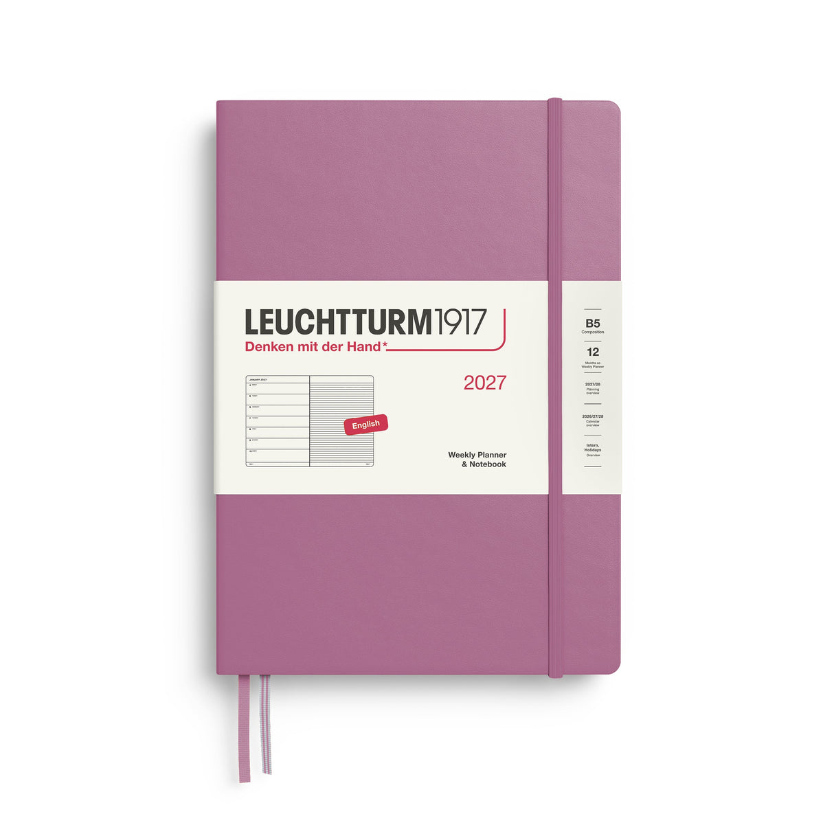 Weekly Planner & Notebook 2027, 12 Months, Ruled, English – Composition (B5) Hardcover Dusty Rose