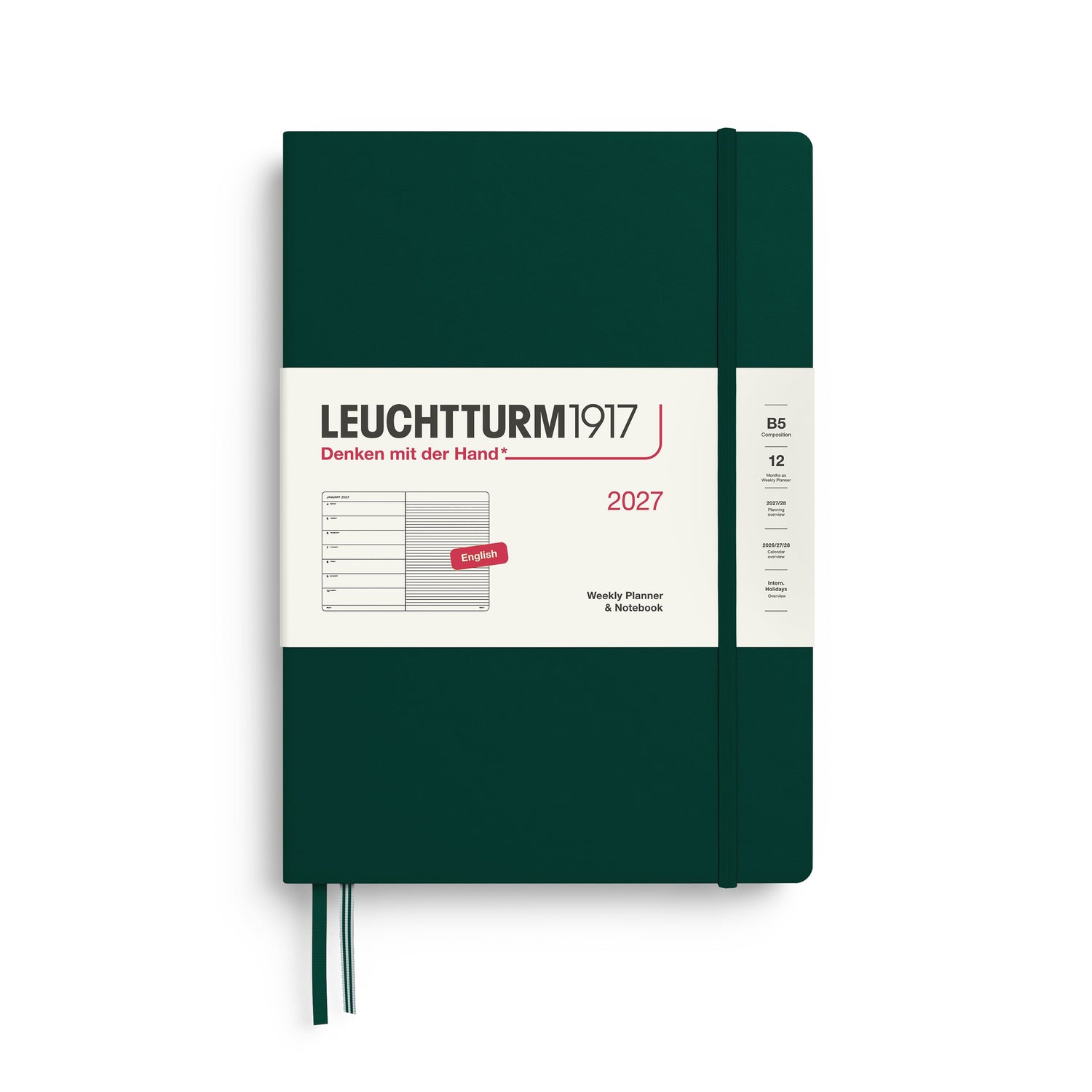 Weekly Planner & Notebook 2027, 12 Months, Ruled, English – Composition (B5) Hardcover Forest Green