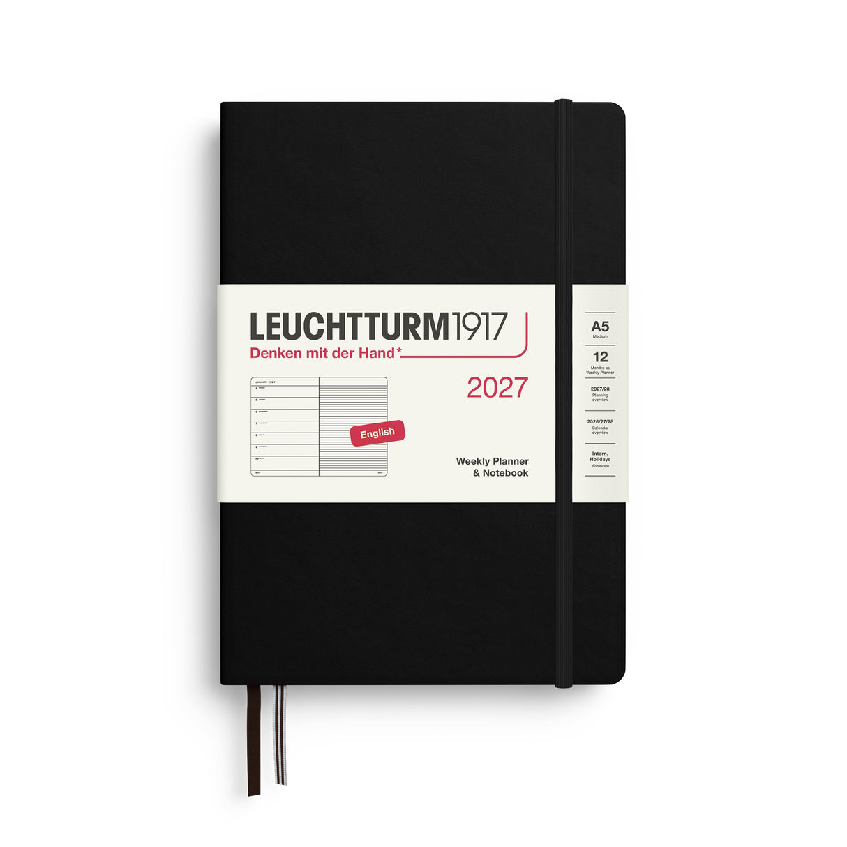 Weekly Planner & Notebook 2027, 12 Months, Ruled, English – Medium (A5) Hardcover Black
