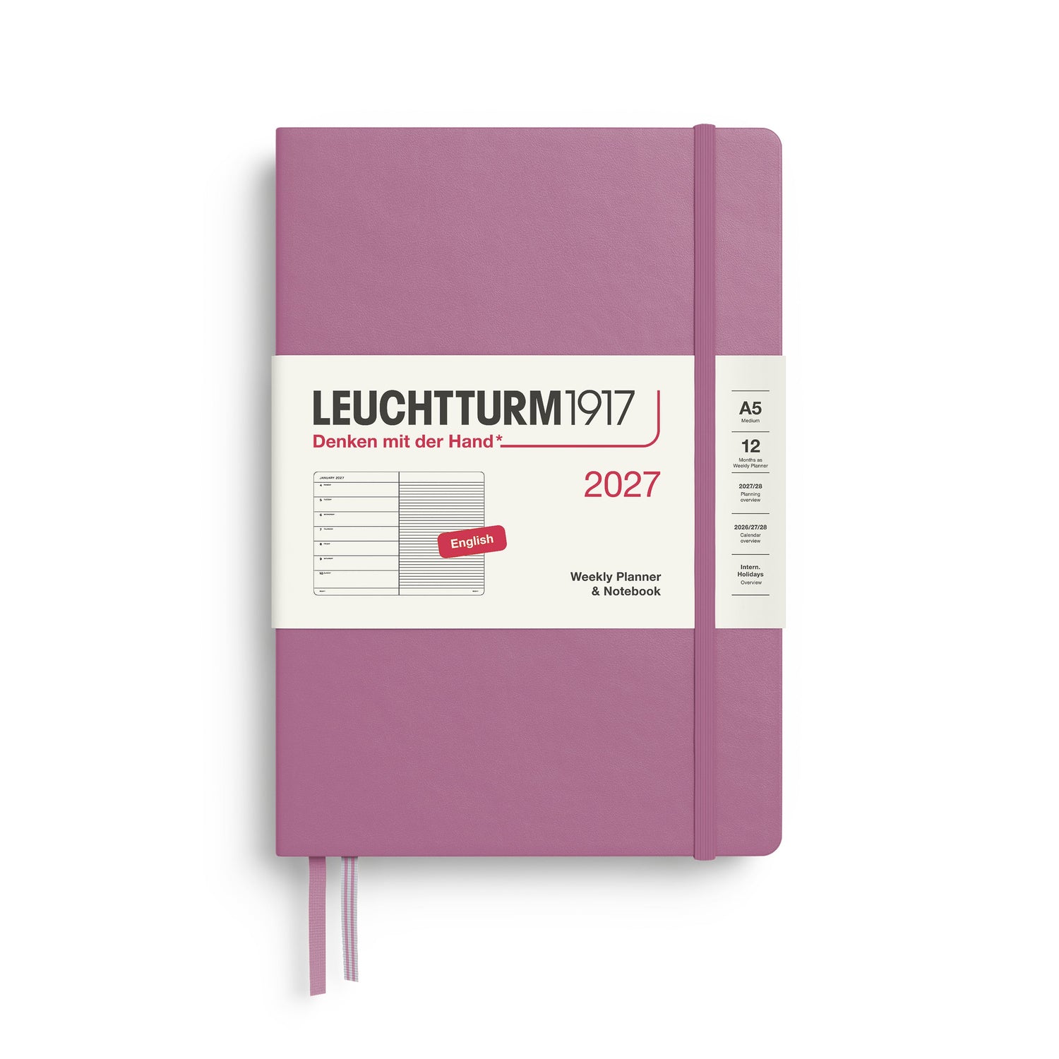 Weekly Planner & Notebook 2027, 12 Months, Ruled, English – Medium (A5) Hardcover Dusty Rose