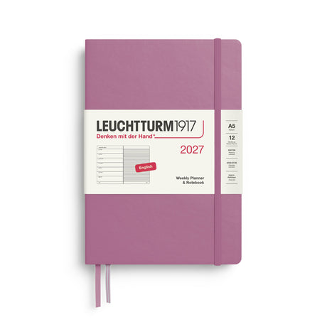 Weekly Planner & Notebook 2027, 12 Months, Ruled, English – Medium (A5) Hardcover Dusty Rose